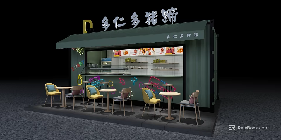 Green Container Building Converted To Street Food Stall With Outdoor Tables And Chairs 3d model 