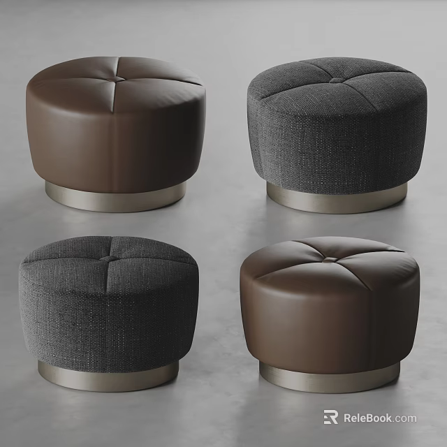 Stylish Ottoman Stools with Brown Leather Gray Fabric and Metal Bases 3d model 