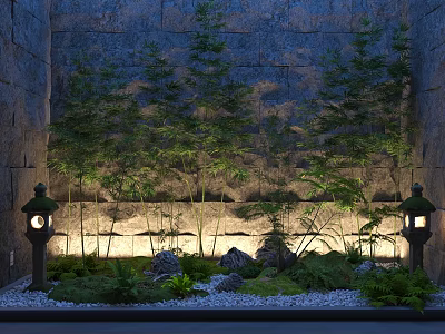 Garden Ornament Design With Stone Wall Bamboo Plants Illuminated Lanterns And Pebbles 3d model