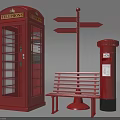 British Red Iconic Telephone Booth With Directional Signpost Bench And Postbox 3d model