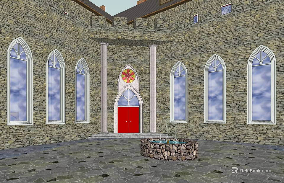 Historic Interior Space With Stone Walls Arched Windows Red Door And Circular Stone Fountain 3d model 