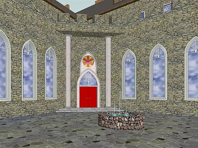 Historic Interior Space With Stone Walls Arched Windows Red Door And Circular Stone Fountain 3d model