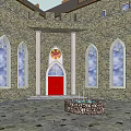 Historic Interior Space With Stone Walls Arched Windows Red Door And Circular Stone Fountain