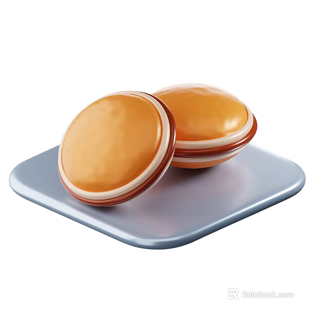 Two Round Orange Desserts With White Brown Edges On Blue Plate 3d model