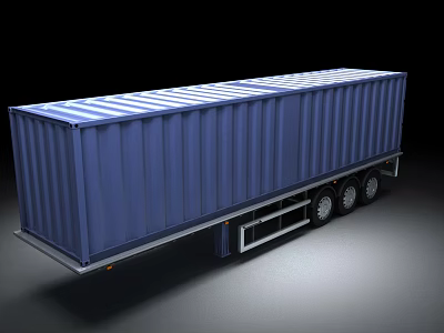 Blue Container Truck With Large Cargo Trailer And Metal Wheels 3d model