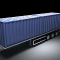 Blue Container Truck With Large Cargo Trailer And Metal Wheels