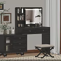 Modern Dark Gray Dressing Table With Mirror Drawers And Stool In Bedroom Interior