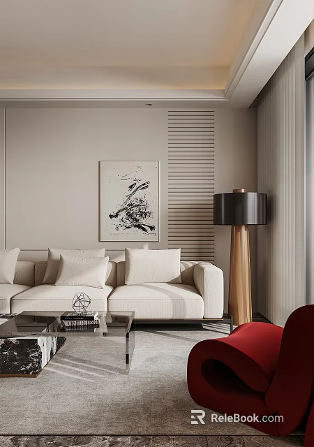 Stylish Red Accent Chair In Modern Living Room With Beige Sofa Floor Lamp And Artwork 3d model 