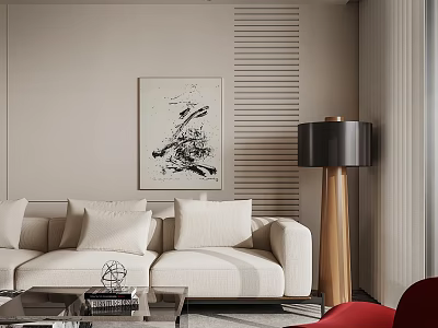 Stylish Red Accent Chair In Modern Living Room With Beige Sofa Floor Lamp And Artwork 3d model
