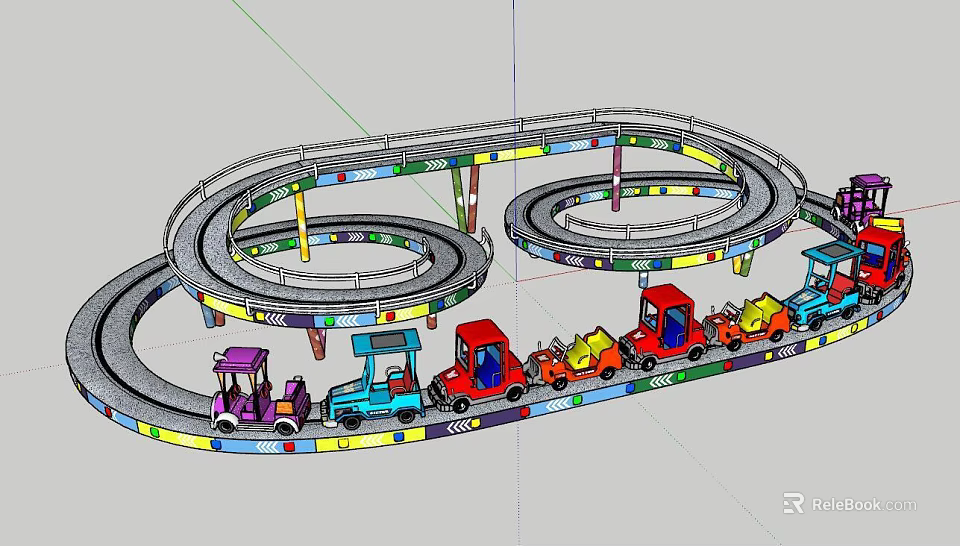 Colorful Kids Track Train Amusement Ride with Spiral Rails and Multiple Cars 3d model 