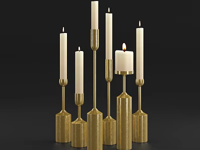 Elegant Golden Candle Lamps With White Lit Candles On Black Background 3d model