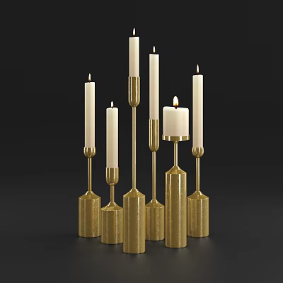 Elegant Golden Candle Lamps With White Lit Candles On Black Background 3d model