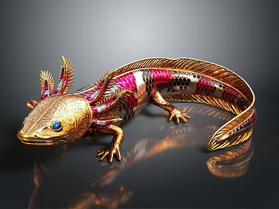 Golden Pink And Black Axolotl With Metallic Sheen And Blue Eyes On Dark Background 3d model