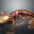 Golden Pink And Black Axolotl With Metallic Sheen And Blue Eyes On Dark Background