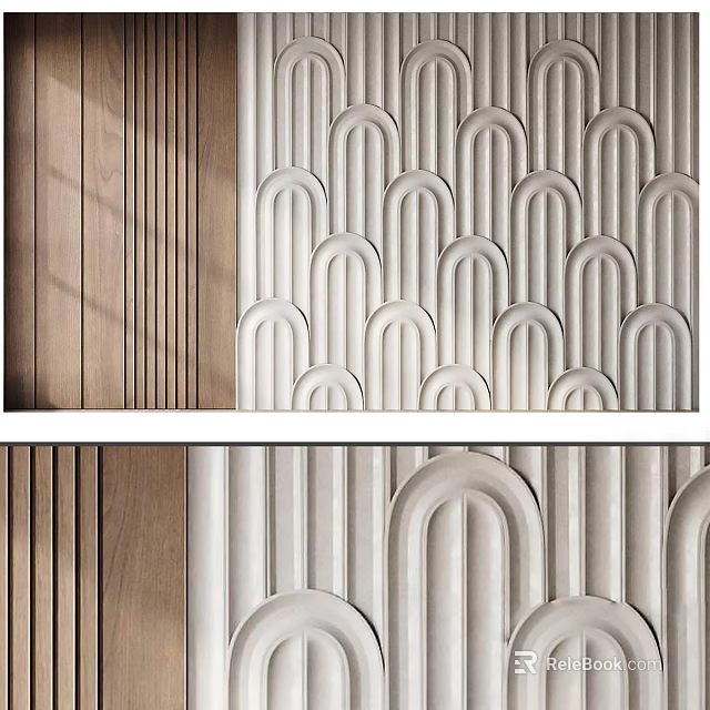 Modern Interior Textured Feature Wall With Wooden Striped Panels And White Arched Patterns 3d model 