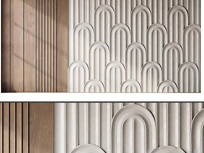 Modern Interior Textured Feature Wall With Wooden Striped Panels And White Arched Patterns 3d model