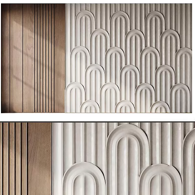 Modern Interior Textured Feature Wall With Wooden Striped Panels And White Arched Patterns 3d model