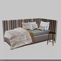 Kids Bed With Striped Upholstered Headboard Soft Pillows Cozy Blanket And Wooden Side Stool