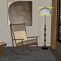 Rocking Chair With Wooden Frame White Cushion By Floor Lamp Side Table Painting And Rug