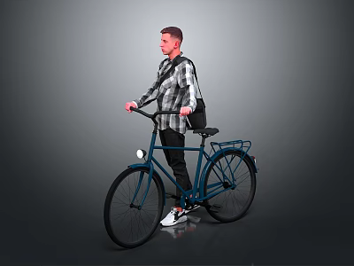 Blue Bicycle Featuring Front Light Rear Rack And Black Backpack With Man In Plaid Shirt 3d model