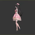 Cute Child Character With Pink Dress Bows Long Hair And Hat