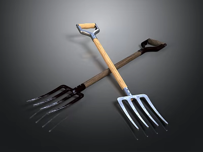 Two Garden Forks With Wooden Handles And Metal Tines Crossed 3d model