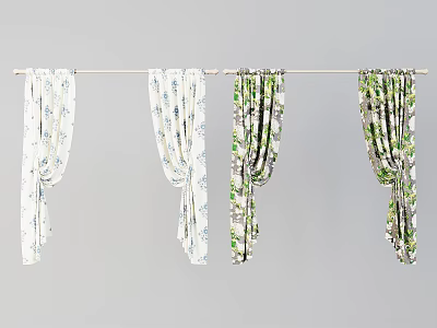 Various Floral Pattern Curtains Hanging On Rod With Different Designs 3d model