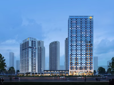 Modern High Rise Residential Building Night View With Bright Lighting Street Vehicles And Trees 3d model