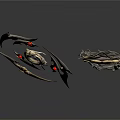 Ornate Golden Blades With Red Gemstones And Dragon Shield Design Weapons