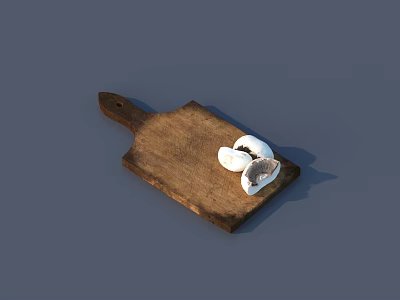 Rustic Brown Wooden Cutting Board With White Shells On Gray Background 3d model