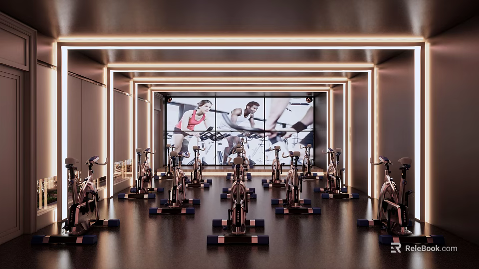 Modern Indoor Fitness Studio With Spin Bikes Large Screen Showing Fitness People And Warm Lighting 3d model 
