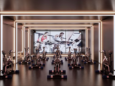 Modern Indoor Fitness Studio With Spin Bikes Large Screen Showing Fitness People And Warm Lighting 3d model