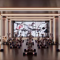 Modern Indoor Fitness Studio With Spin Bikes Large Screen Showing Fitness People And Warm Lighting