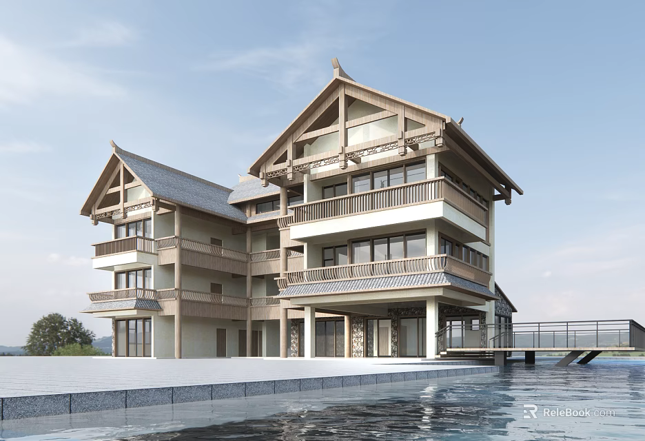 Traditional Roof Boutique Hotel Building Featuring Multi Story Balconies And Front Pool Area 3d model 