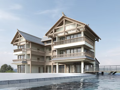 Traditional Roof Boutique Hotel Building Featuring Multi Story Balconies And Front Pool Area 3d model