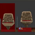 Elegant Ceremonial Chair Setup With Red Seats Wooden Armrests Red Carpet And Backdrop