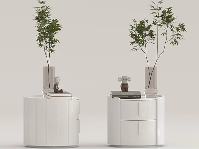 White Bedside Tables With Potted Plants Vases Books And Small Figurines 3d model