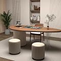 Modern Wooden Oval Tea Table with Chairs Stools and Tea Set 3d model