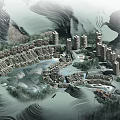 Aerial Planning of Mountainous Residential Community with Water Features Greenery and Buildings