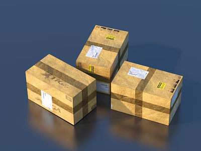 Three Sturdy Cardboard Boxes Wrapped With Brown Tape Labels And Yellow Stickers For Home Storage 3d model