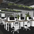 Modern Public Office Space With Open Work Desks Computers White Chairs And Green Plants