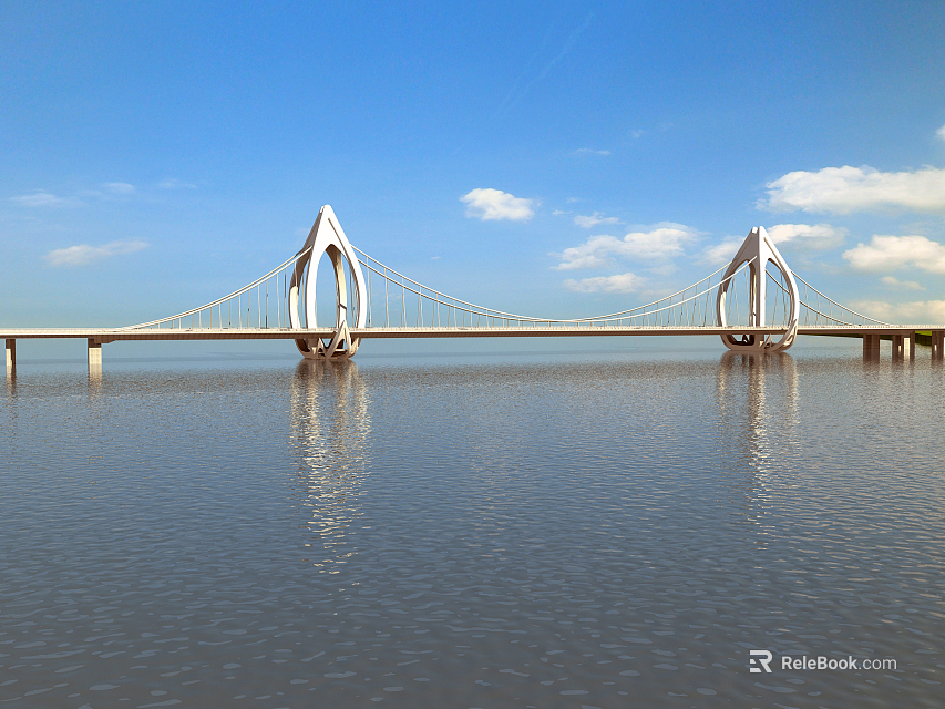 Modern Landscape Bridge Spanning Water With Unique Pylons Under Blue Sky And White Clouds 3d model 