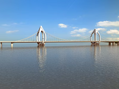 Modern Landscape Bridge Spanning Water With Unique Pylons Under Blue Sky And White Clouds 3d model