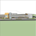 Modern Kindergarten Building Exterior With Green Plants And Children Playing