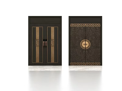 Elegant Chinese Style Black Double Doors With Golden Decorations And Intricate Patterns 3d model