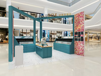 Spacious Mall Hall Interior Design With Blue Display Counters And Pink Floral Panels 3d model