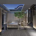 Modern Chinese Teahouse Interior With Courtyard View Wooden Structure And Ambient Lighting