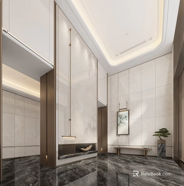 Modern Shopping Mall Lobby Interior With Marble Walls Bench And Decorative Plants 3d model 