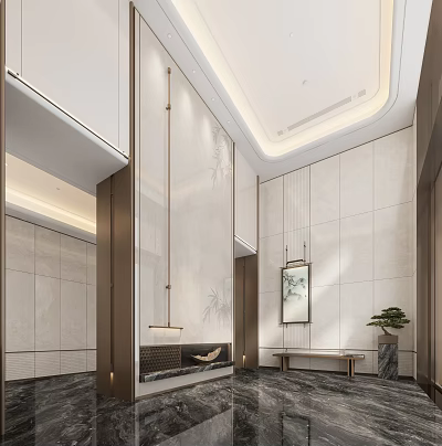 Modern Shopping Mall Lobby Interior With Marble Walls Bench And Decorative Plants 3d model