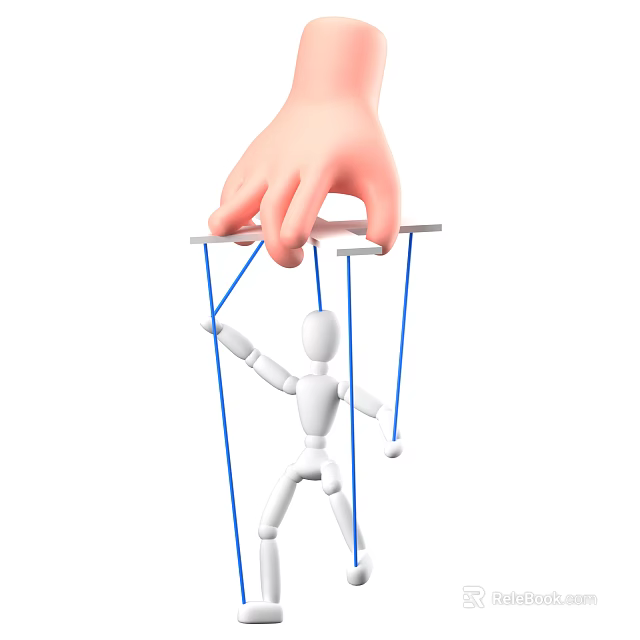 Human Hand Controlling Small White Marionette With Blue Strings And Control Bar 3d model 